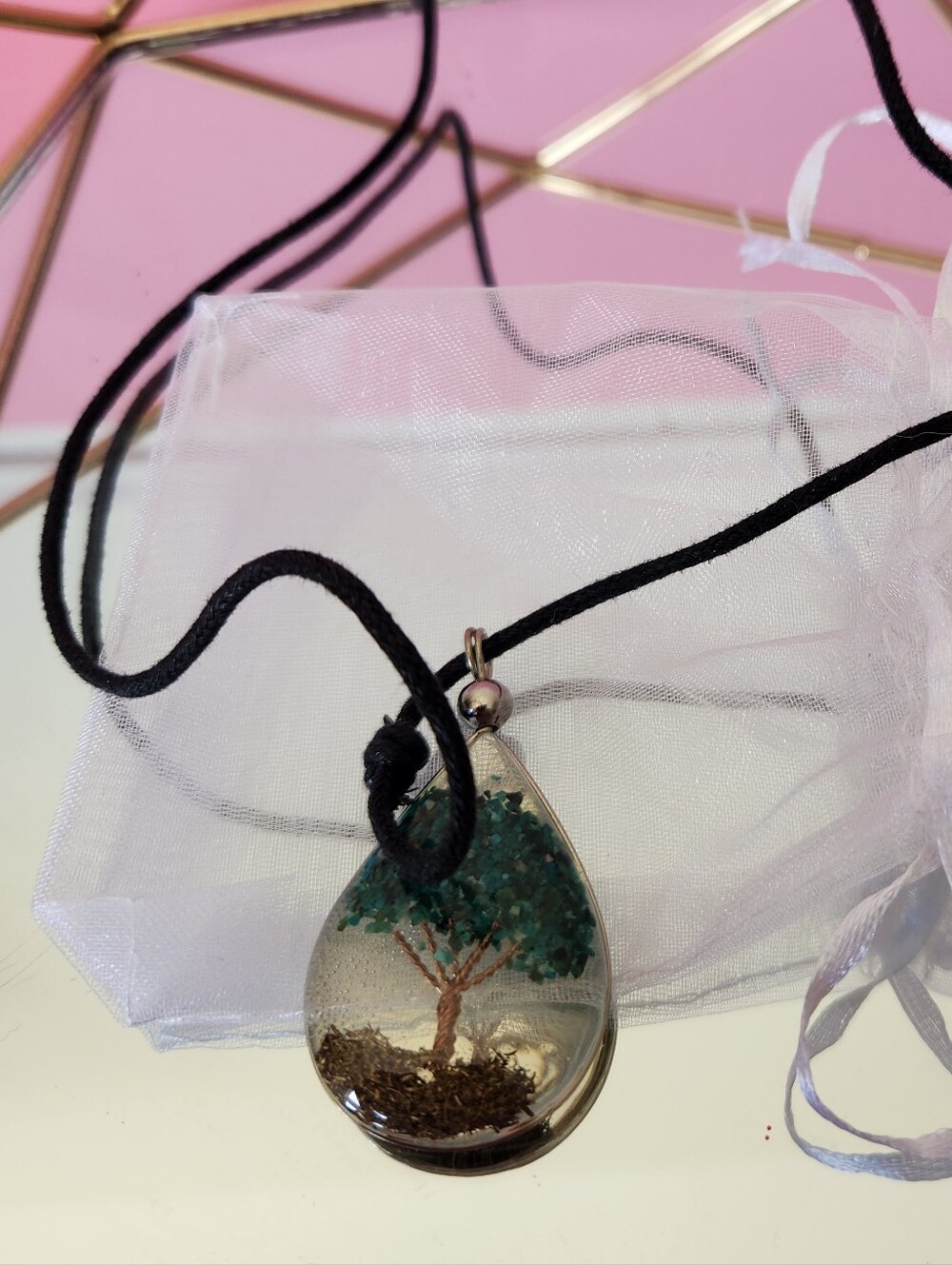 Handcrafted Teardrop Tree Of Life Pendant Necklace - Green With Black Cord